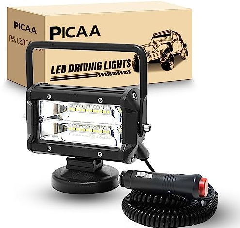 PICAA 1 PCS Luz de trabajo LED, 5 pulgadas 72W Imán portátil Flood Beam | con enchufe 12V-24V ,impermeable, Base magnética, LED Faro, para coche Tractor elevadora ATV Camión Offroad 4x4,cable de 5m