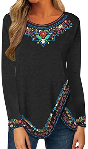 Onsoyours Donna Primavera Autunno Maglie a Maniche Lunghe con Girocollo Elegante Top Sottile Casuale Stampata Etnica retrò Magliette Pullover Bluse A Nero S
