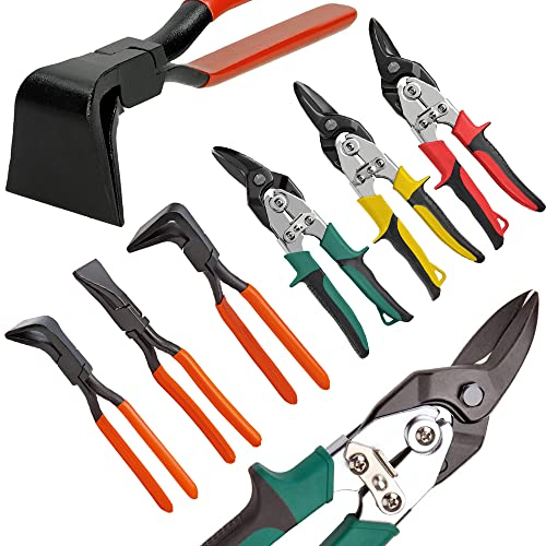 6-tlg Falzzange + Blechschere Biegezange Abkantzange Blechzange Absetzzange Schneider Metallschere, gerade 0°, gewinkelt 45° und 90° für Dachdecker Klempner Spengler Blechbearbeitung