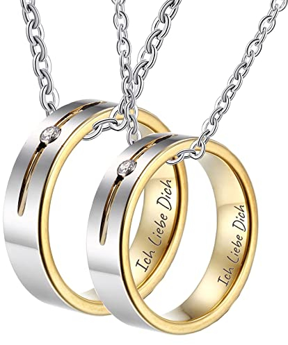 KnSam Kette Paare in Wolfram, 6MM Ring Anhänger Simple Gravur Ich Liebe Dich Partnerketten mit Ring mit Zirkonia 2pcs, Silber Gold, Damen 54 Herren 62, 60cm & 50CM Länge