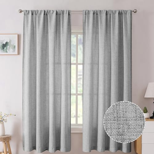 Tollpiz Short Linen Curtain Living Room Rod Pocket Semi Sheer Curtains Burlap Light Filtering Thick Linen Drape for Bedroom, 54 x 45 inches Long, Silver Grey, Set of 2 Panels