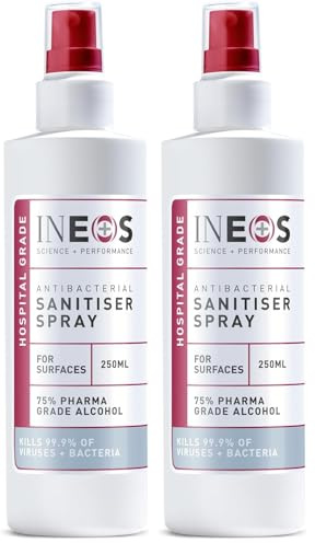 INEOS - Sanitiser Spray (250ml) – Surfaces - Hospital Grade - 75% pharma grade alcohol - 99.9% of viruses and bacteria (Pack of 2)
