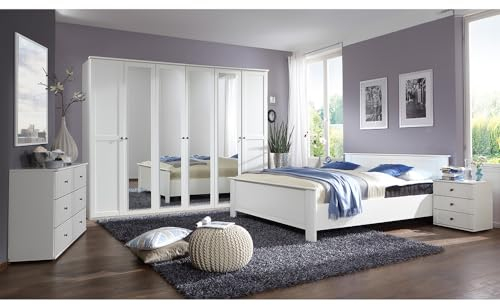 Lomadox Schlafzimmer Set 6-teilig mit Bett 180x200, 2 Nachttische, Kleiderschrank, Kommode, Spiegel in weiß