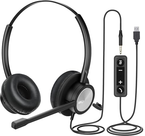 MKJ USB Headset with Microphone for PC, USB/3.5mm Computer Headset for Call Center & Home Office, Noise Cancelling Wired Headphone for Laptop, Ms Teams, Zoom, Webinar