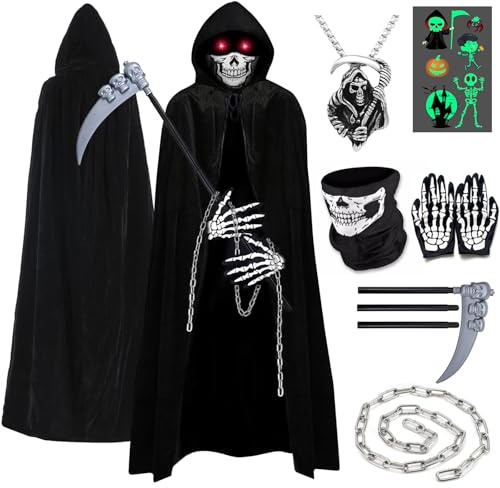 Costume di Halloween Tristo Mietitore Bambini Ragazzi 5-6 6-7 Costume Scheletro Bambini Ragazze Tristo Mietitore Mantello Nero Halloween Falce Tristo Mietitore Mantello Urlo Costume Maschera Guanti