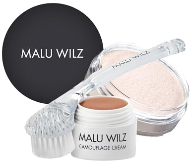 MALU WILZ Camouflage Cream Set – Camouflage Creme Nr. 05, Fixing Powder 15 g & Reinigungsbürste | Abdeckcreme, Fixierpuder & Gesichtsbürste