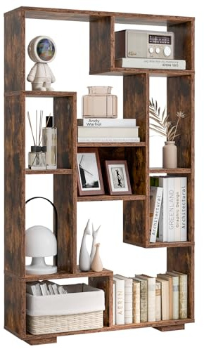 CASART Geometric Bookshelf, 120cm Tall Wooden Freestanding Bookcase with 11 Cubes & Anti-Toppling Devices, Home Office Display Shelf Open Shelving Unit for Living Room Bedroom Study (Rustic Brown)