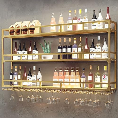 Übergröße Weinregal Wand 150CM mit LED Licht mit glashalter Metal, Faschenregal Flaschenhalter mit Beleuchtung Modern für Küche Bierbar Cocktailbar Bars Bistros Kneipen Golden
