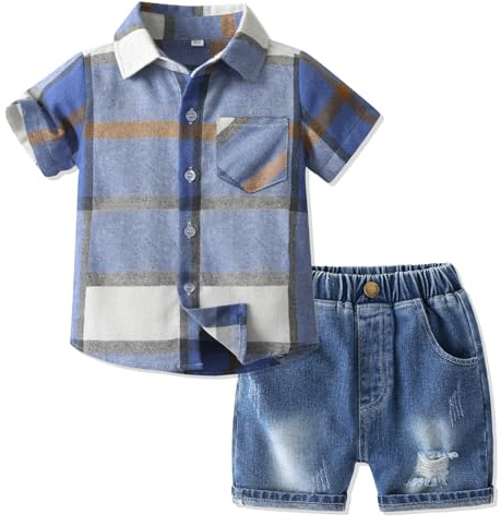 Volunboy Bebé Niño Verano Conjunto, Cuadros Camisa de Manga Corta + Jeans Shorts Traje Casual Ropa 2 Piezas（Vaqueros Azules，18-24 meses，Tamaño 90）