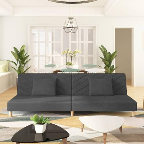 Homgoday Schlafsofa 2-Sitzer Sofa mit Schlaffunktion Bettsofa Klappsofa mit 2 Kissen Bettcouch Loungesofa Sofa Couch mit Verstellbarer Rückenlehne fürs Wohnzimmer Dunkelgrau Stoff