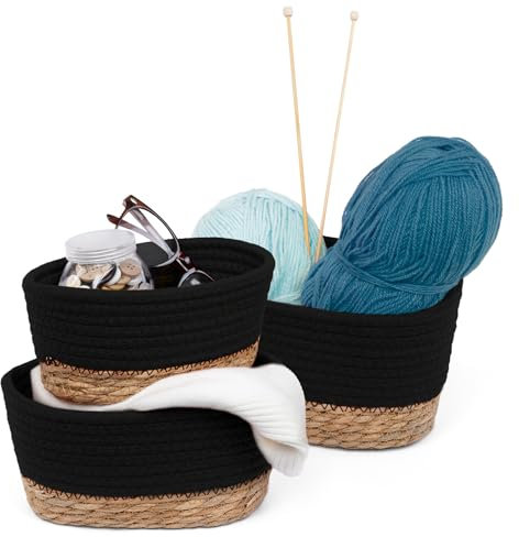 LIVIVO Tulla Seagrass Shelf Storage Baskets - 3-Piece Stackable Set, Decorative Rope Design, Versatile Home Organiser Bin For Living Room, Bedroom, Office, Bathroom, Underbed (CHARCOAL)