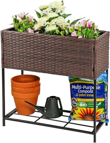 Greenfields 2 Tier Raised Garden Bed - Rattan Wicker Plant Bed Elevated Portable Planter Box with Tool Storage Shelf for Herbs, Vegetables, Fruits and Herbs - 70cm (H) x 70cm (W) x 30.5cm (D)