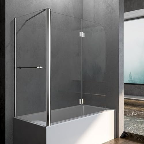 Duschwand mit Seitenwand 120x75x140cm Duschwand für Badewanne 2-teilig Faltbar Badewannenaufsatz Badewannenfaltwand Duschtrennwand Duschabtrennung für Badewanne, 6mm ESG Sicherheitsglas