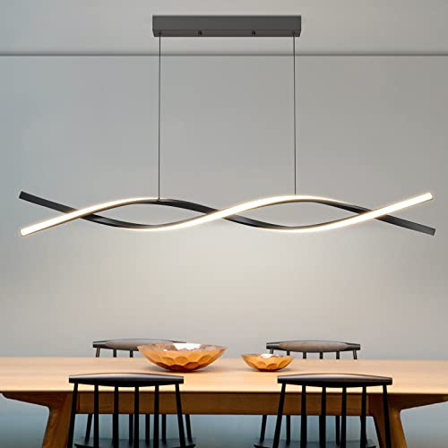 Mikeru Moderne LED Pendelleuchte 120cm, Schwarzes Dimmbares Esszimmerlicht mit Fernbedienung 10% bis 100% Helligkeit Einstellbar Wellenkronleuchter 3000K/4500K/6500K Esszimmer Lampe Hängend für Küch