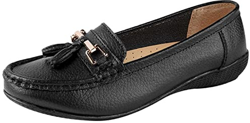 Jo & Joe Ladies Wide Fit Flat Leather Tassel Moccasins Loafer Nautical Shoe Plimsole Pumps Womens. Black Size 6