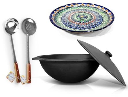 ZARENHOFF Hierro fundido Kazan 16 L Ø 46,5 cm fondo redondo con Lagan Ø 37 cm Espumadera para cucharón Plov uzbeko olla WOK Kazan Ljagan Namangan Asia Казан ляган (Set 618)