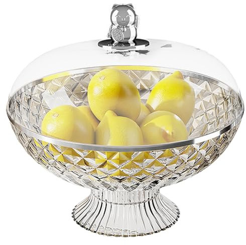 Fruit Bowl with Lid 10.2 Inch Plastic Silver-Edge Pedestal Bowl with Lucky Cat Handle Drain-Hole Fruit Basket for Storage Serving, Decorative Bowl, Fruit Bowl with Lid