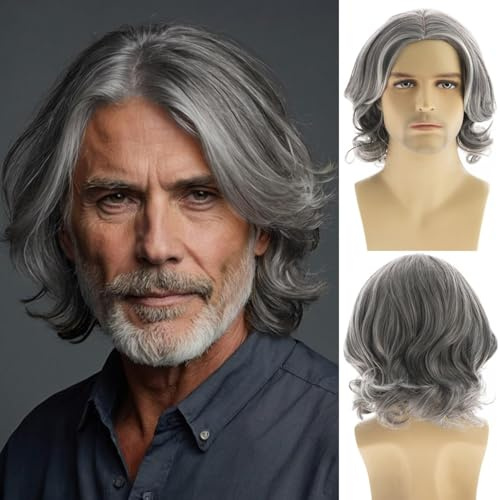Beweig Herren graue Welle Bob Perücke, Synthetische Cosplay Party Ersatz Haar Perücke, Hitzebeständig, 22,5 cm, 1 Stück