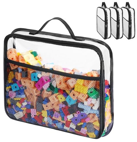 HOTUT PVC-Spielzeug-Aufbewahrungstaschen, 4 Stück, große mit Netz-Seitentaschen, transparentem Doppelreißverschluss, Organisationstaschen mit Griff