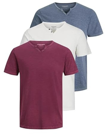 JACK & JONES JJESPLIT - Maglietta Basic da Uomo, con Scollo a V, a Maniche Corte, in Jersey di Cotone, Confezione da 3 Pezzi (Confezione A: Port Royale, Flint Stone, Cloud Dancer), L
