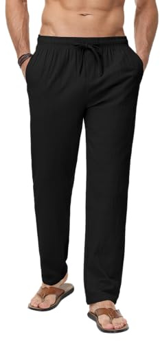 LVCBL Pantalon d'été en lin pour homme avec poches - Bermuda - Vêtement de loisirs, Noir , L