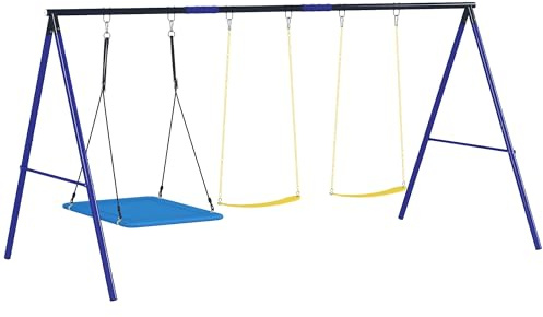 AIYAPLAY Kinderschaukel 3 Sitzer Gürtelschaukel mit Plattformschaukel, Outdoor Gartenschaukel mit Stahl-Schaukelgestell, Schaukelgerüst für Kinder