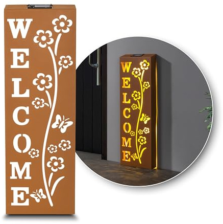 Schauer Solar LED Dekosäule – Gartendeko für draußen wetterfest mit Blumenmotiv & Welcome-Schriftzug – Deko Haustür & Solarleuchten Garten aus Metall, rostfarben, 61,5 cm hoch Deko Garten & Terrassen