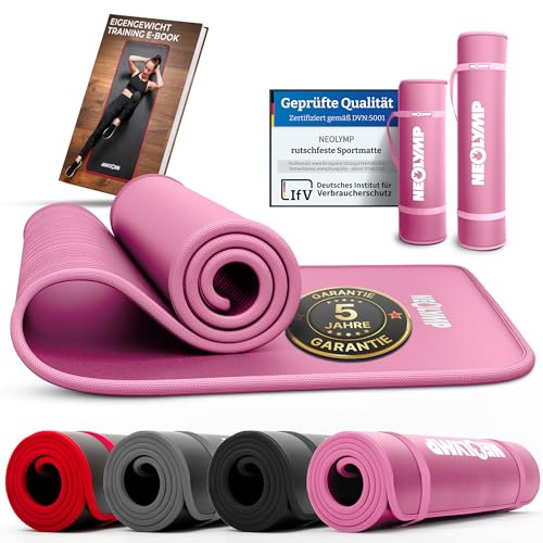 NEOLYMP extra dicke Fitnessmatte rutschfest inkl. Tragegurt & E-Book – Yogamatte, Gymnastikmatte, Sportmatte & Pilates Matte – Trainingsmatte für Zuhause, Studio & Outdoor (Rosa 61 cm)