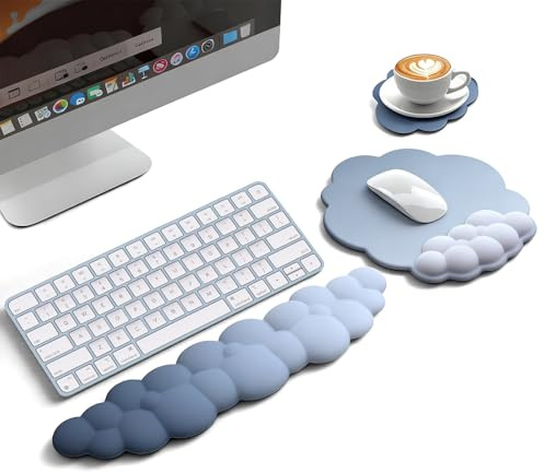 Cloud Wrist Rest Set, Keyboard Wrist Pad and Mouse Pad with Coaster, PU Leather & Memory Foam Ergonomic Support for Office Gaming Computer Laptop, Comfort Cushion for Wrist & Palm (Blue)