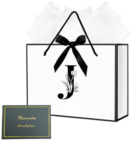 Initialen Geschenktüten, Personalisiert geburtstag Geschenktasche mit Seidenpapier und Grußkarten, Geschenktüten mit Schleife für Geburtstag Hochzeit Party Feier, 28x10x20 cm (Weiß, J)