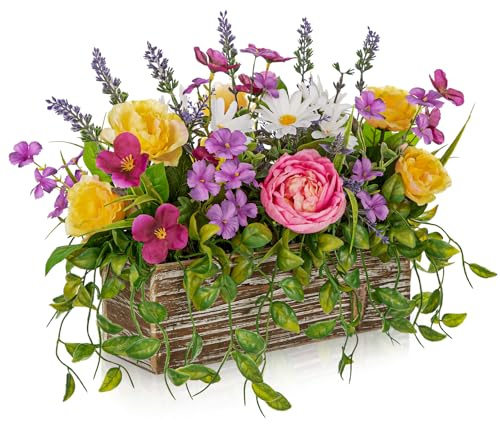 Oairse Hortensien Kunstblumen in Holzvase, Kunstblumen im Topf, Künstliche Topfblumen, Pfingstrosen, Chrysantheme, Tafelaufsätze für Tischdekoration, Wohnzimmer, Innenbereich, Zuhause, Badezimmer