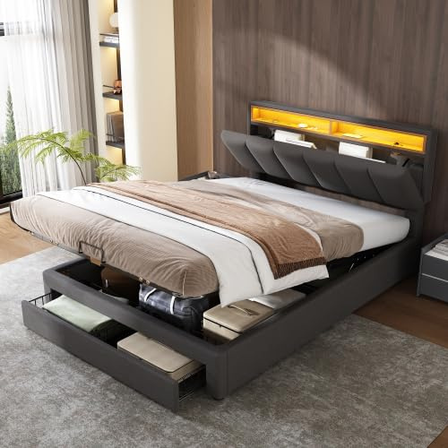 4ft6 Double Ottoman Bed with Hydraulic Lift&Drawers&Adjustable Concealed Storage Headboard, Functional Upholstered Bed Frame with LED Lighting, Linen Hydraulic Storage Bed with Slat, No Mattress, Grey
