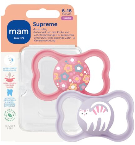 MAM Supreme Schnuller | 6-16 Monate | 94% Akzeptanz | Babyschnuller beugt Zahnfehlstellungen vor | besonders Hautfreundlich | SkinSoft Silikon | Blumen/Katze | 2 Stück