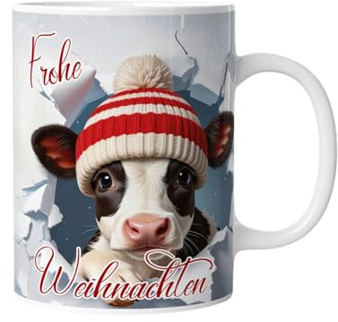 Tasse Frohe Weihnachten | Kuh | Personalisiert mit Namen – lustige Tiere, Geschenkidee für Männer, Frauen, Kinder, Mädchen, Jungen, 3D Illusion Wintermotiv Schnee Cartoon