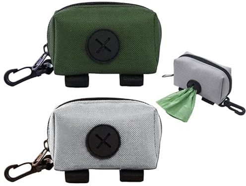 Wuneiox 2PCS Dog Poo Bag Holder for Lead, Quick-Access Dog Poop Bag Holder Velcro, Hangable Poo Waste Bags for Lead with Hook Clip, Perfect for Walking, Hiking, Training & Travel (Grey & Green)
