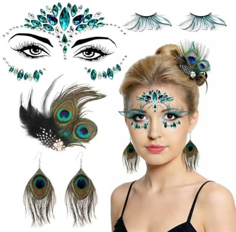 Pfau Kostüm Damen, Pfauen Kostüm Damen, Pfau Haarschmuck, Glitzersteine Gesicht + Pfauenfedern Haarschmuck + Wimpern + Ohrringe, Pfau Accessoires zum Karneval Cosplay Party