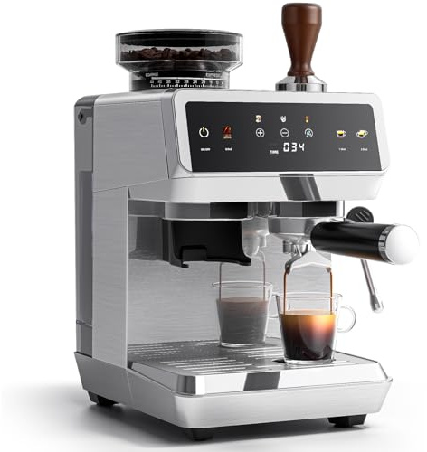 AMZCHEF Cafetera Espresso con Molinillo Integrado 20 Bares – Máquina de Café con 44 Ajustes de Molienda，Vaporizador de Leche, 4 Temperaturas, Función Café Frío, Acero Inoxidable
