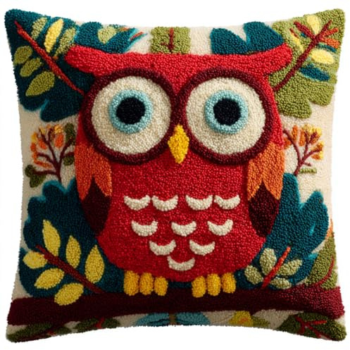 AMBATTERY Diy Knüpfen Set Erwachsene, Eule 43x43cm Knüpfkissen Set Zum Sticken Und Stricken DIY Kissen Knüpfset Mit Anleitung