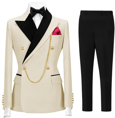 CYANDUSTY Men's Cream Double Breasted Suit 2 Piece Wedding Tuxedo for Men Blazer Pant Set for Prom Party M