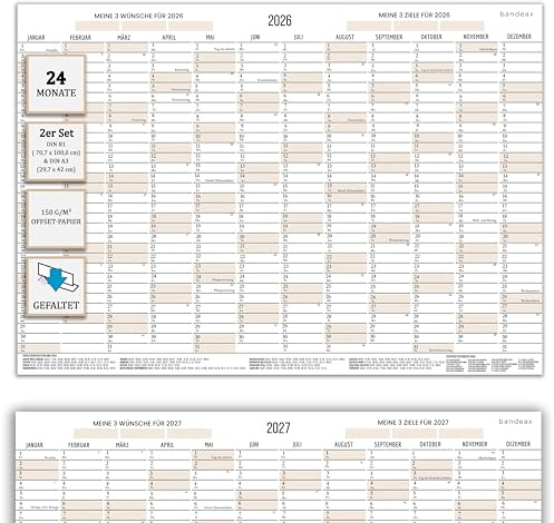 Wandkalender 2026 2027 B1 groß, Jahreskalender quer gefaltet Kalender | 2 Jahre XXL Jahresplaner (70,7 × 100 cm) + Gratis DIN A3 | Poster Wand-Planer mit Feiertagen DE