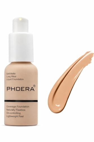 Phoera Full Coverage Liquid Foundation Makeup Long Lasting Matte Finish, Oil Control, Waterproof, Buildable for All Skin Types, BUFF BEIGE