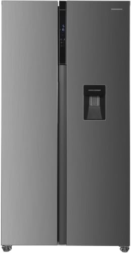 HEINNER Side-by-Side Kühlschrank HSBS-HM439NFINVXWDD, 439 L, Energieklasse D, No Frost, Inverter-Kompressor, Wasserspender, 288 L Kühlteil, 151 L Gefrierteil, LED-Touch-Display, Silber/Grau