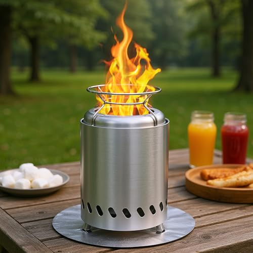 SMOOL 14cm Rauchfreier Tischfeuerkorb aus Edelstahl, Tragbarer Camping Feuerkorb für Outdoor & Terrasse, Inkl. Tragetasche, 2 Stöcken und Feuerfestmatte, Für Pellets & Holz (5,5 Zoll)