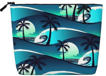 Skateboard with Palm Trees Wave Fake Hemp Travel Pouch for Women, Large Capacity Cosmetic Bag Daily Use Zippered Organizer