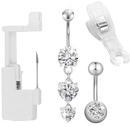 4-Teilige Bauchnabelpiercing Set, Piercing Pistole (13G), Positionierungsclip und Bauchnabelpiercing Edelstahl, Zur Anwendung An Ohren, Nase, Nasenscheidewand, Augenbrauen und Anderen Körperteilen