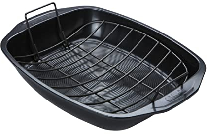 Circulon Ultimum Roasting Tin with Rack - Roasting Trays for Oven Non Stick, Freezer and Dishwasher Safe Carbon Steel Bakeware, Black, 39.4 x 30.7 x 6.5cm