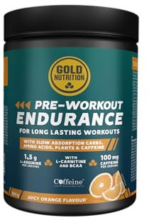 GoldNutrition, Pre-Workout Endurance, Bebída Energética en Polvo con Palatinose (Isomaltulosa), Cafeína, Té Verde, Arginina y Citrulina, Ideal para Entrenamientos de Resistencia, Sabor Naranja, 300 g