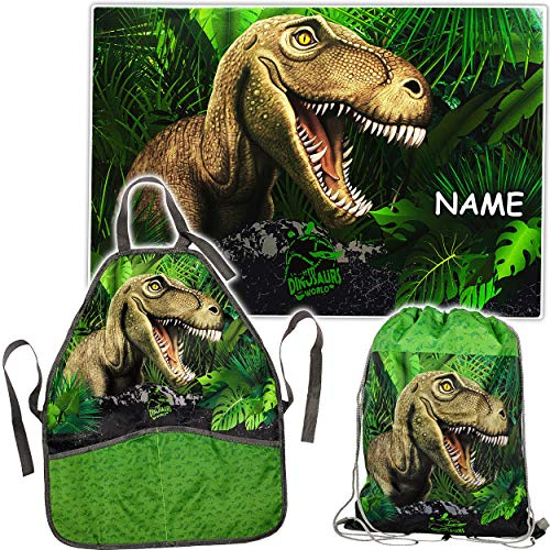 alles-meine.de GmbH Set: große - Schreibtischunterlage + Schürze + Beutel - Dinosaurier - Dino/Tyrannosaurus Rex - inkl. Name - Kinderschürze - Unterlage - 60 cm * 40 cm - abwi..