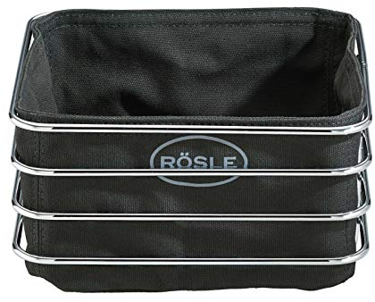 RÖSLE 12526 Brotkorb, 21,5 x 21,5 x 11,7 cm, Korb für Brot, Brötchen und Baguette aus verchromtem Stahldraht mit waschbarer Einlage aus 100% Baumwolle, Schwarz