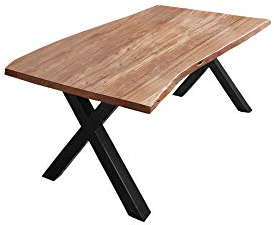 SAM Esszimmertisch 140x80 cm Xanten, Baumkantentisch naturfarben, Akazienholz massiv, X-Gestell aus Metall schwarz